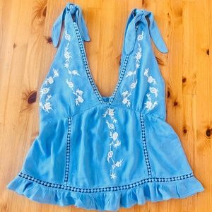 Blue Tank Top Blouse with Embroidered Flowers